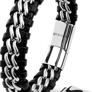 Genuine Leather Bracelet for Men in Black | Magnetic Stainless Steel Clasp